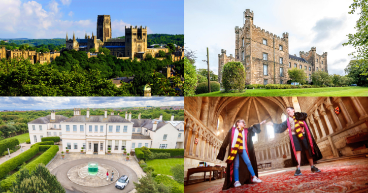 Collage of images Durham Cathedral, Lumley Castle Hotel, Seaham Hall Hotel and kids dressed in Harry Potter costumes.